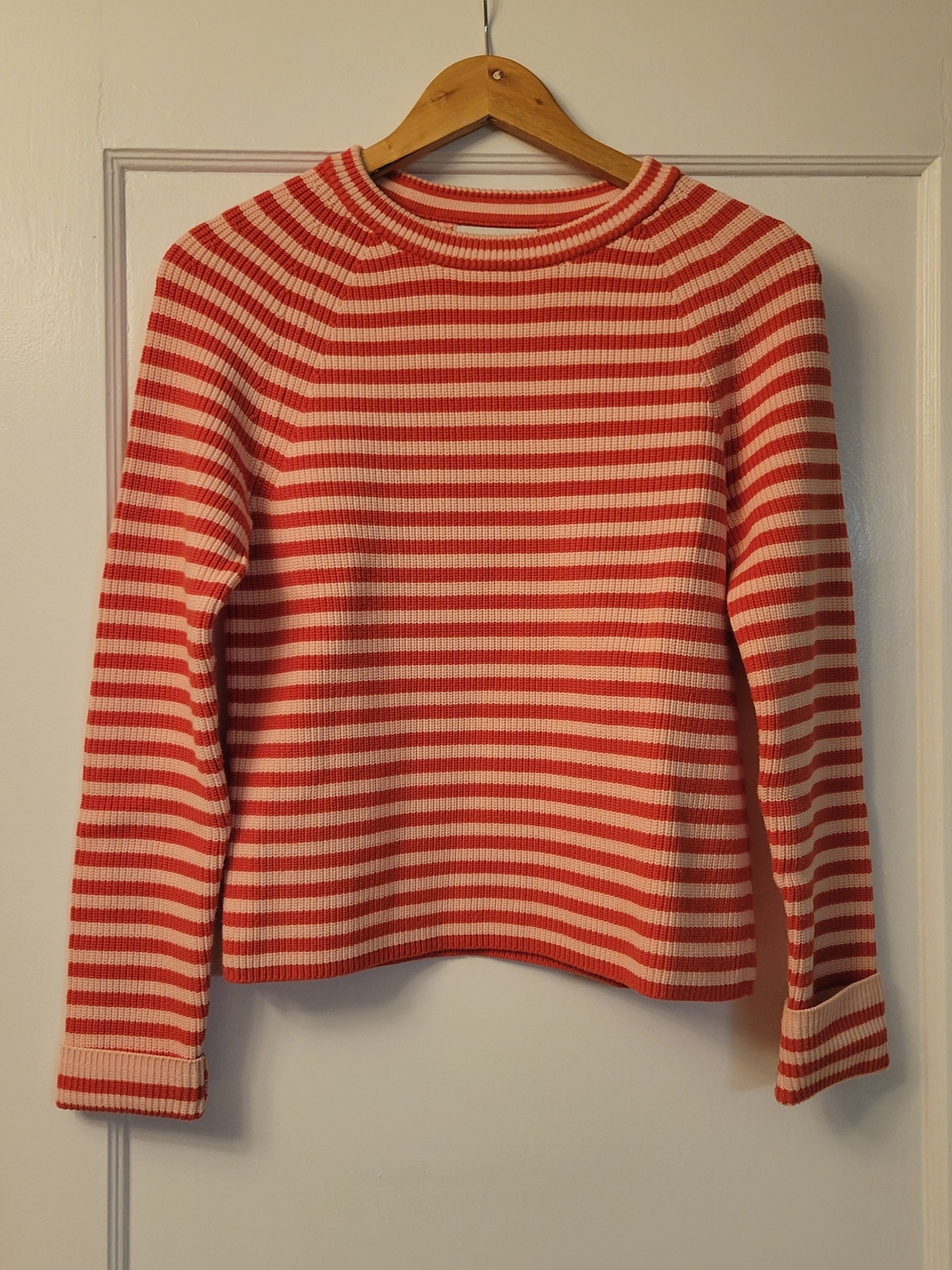 Banana Republic Coral Pink and Cream Striped Crewneck Sweater